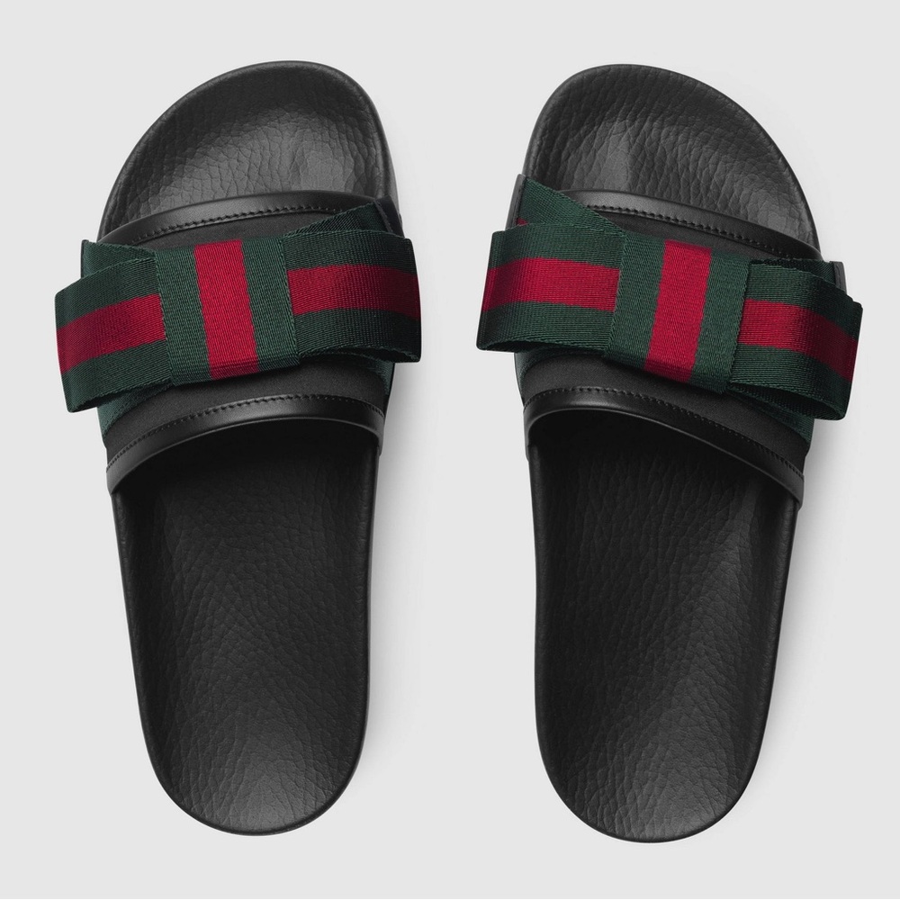 Gucci women’s Black Slides with Red and Green Stripes bow